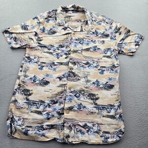 George Hawaiian Shirt Mens Small Beige Tropical Beach House Palm Tree Button Up